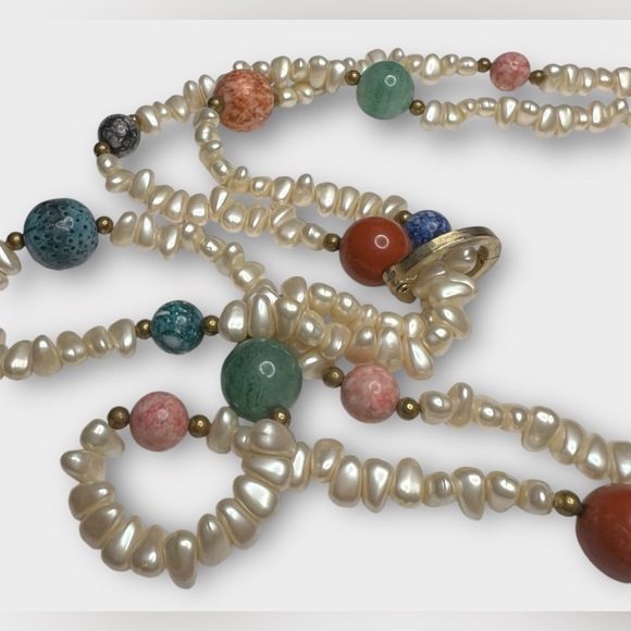 Vintage Double Strand Pearl & Gemstone Beaded Necklace Jade Jasper Amazonite etc - Picture 8 of 12